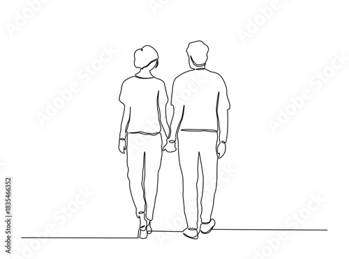 Continuous Line Drawing of Young Couple Walking Away Holding Hands