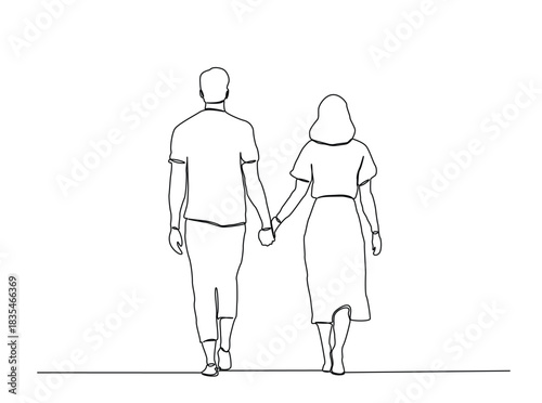 Continuous Line Drawing of Young Couple Walking Away Holding Hands