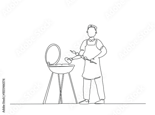 Continuous Line Drawing of man cooking food on bbq grill.