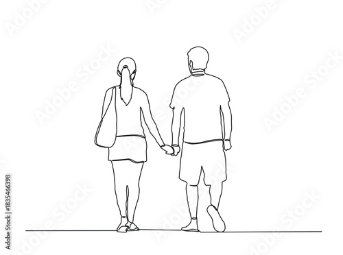 Continuous Line Drawing of Young Couple Walking Away Holding Hands