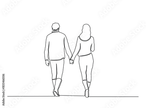 Continuous Line Drawing of Young Couple Walking Away Holding Hands