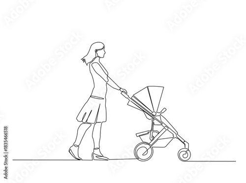 Continuous Line Drawing of Mother Pushing Baby Stroller in Park