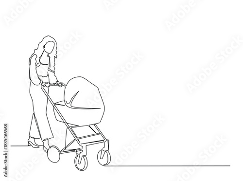 Continuous Line Drawing of Mother Pushing Baby Stroller in Park