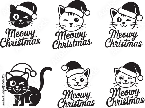 Adorable winking cat wearing santa hat and meowy christmas phrase for holiday