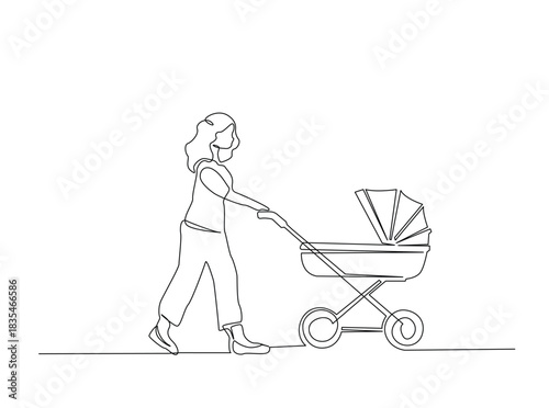 Continuous Line Drawing of Mother Pushing Baby Stroller in Park