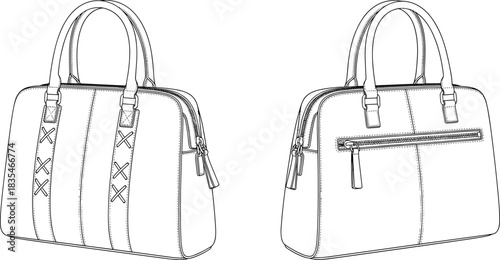 Women's classic leather dome-shaped handbag technical fashion flat template, detailed decorative lacing, zipper pockets, luggage design luxury accessories vector sketch.