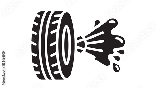 Dynamic black and white glyph representing powerful car wheel cleaning with pressurized water spray for auto service maintenance icons