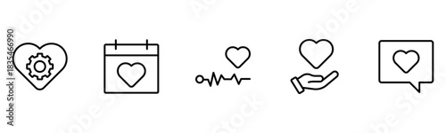 Heart, love, care, help, charity, and donation outline icons are set isolated on a white background in a flat vector illustration.