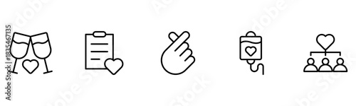 Heart, love, care, help, charity, and donation outline icons are set isolated on a white background in a flat vector illustration.