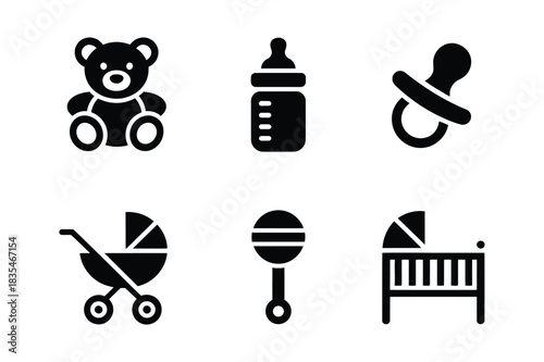 Collection of six black baby icons on a white background