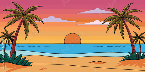 Tropical beach paradise with palm trees, blue sky, and turquoise sea