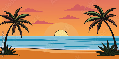 Tropical summer sunset landscape on a sandy beach with palm trees and ocean view silhouette