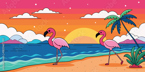 Tropical island beach with palm trees and pink flamingos in the blue summer sky