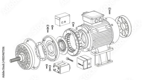 Exploded view of industrial electric motor assembly, technical engineering illustration
