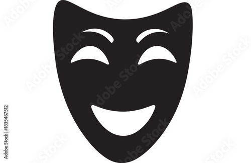 Elegant black comedy drama mask icon symbolizing joy and theatrical performance art against a clean white background