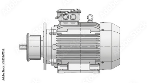 Detailed Technical Illustration of Industrial Electric Motor with Cooling Fan and Mounting Base, Side View, Engineering Design Concept