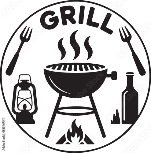 Emblem of cooking on grill with bonfire, bottle, forks and gas lamp with text, great for grill