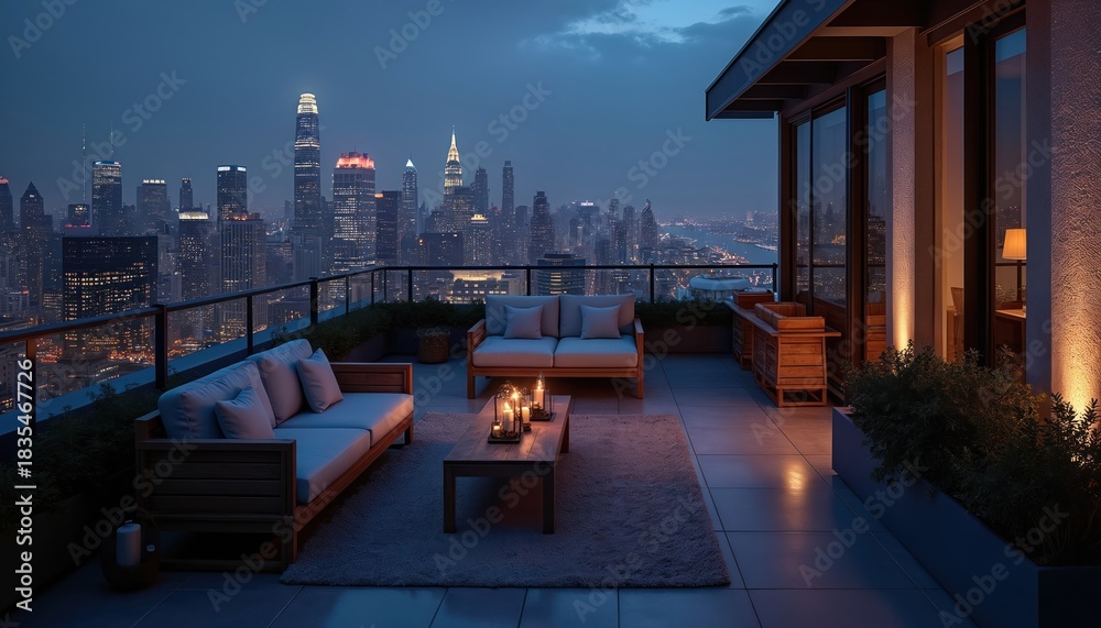 Fototapeta premium City skyline photo. Night view of a modern urban city with illuminated skyscrapers buildings. Rooftop terrace with furniture for leisure. Luxury apartment design concept at dusk.