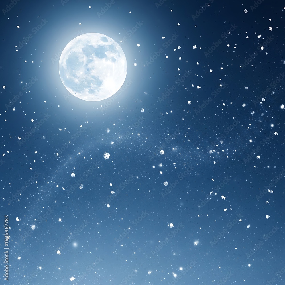 Fototapeta premium Full Moon Shining in a Starry Night Sky with Falling Snow