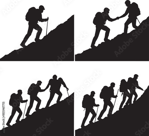 set of 4 silhouetted team of hikers climbing up a mountain