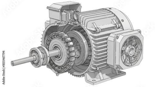 Detailed 3D Illustration of Industrial Electric Motor with Rotor and Stator Components in Engineering Design View