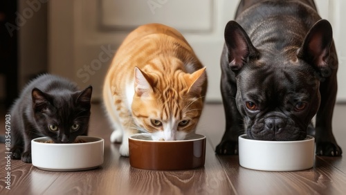 Adorable Trio Cat Kitten with Ginger Cat  French Bulldog Devouring Food in Home.