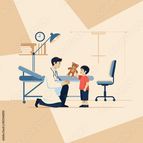 A friendly doctor interacts with a young patient, offering a teddy bear as a comforting gesture during a checkup in a modern medical office setting.