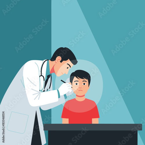 A doctor in a white coat is examining a young boy's ear with an otoscope in a medical office, ensuring his health and well-being during the checkup.