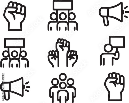 Set of protest and activism icons including raised fist, megaphone, and groups of people holding placards
