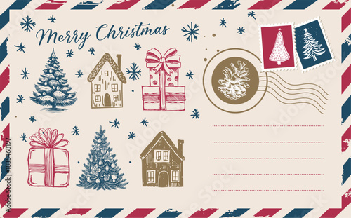 Christmas mail with houses and tree, postcard, hand drawn illustration.	
