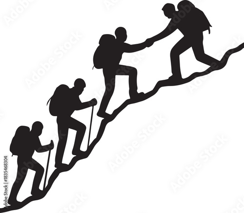 set of silhouetted team of hikers climbing up a mountain