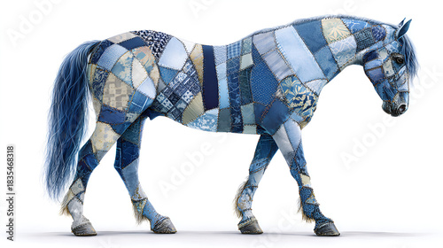 Stunning denim patchwork horse sculpture in studio light