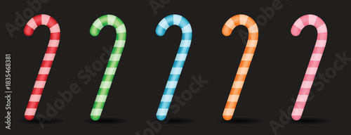 Red, green, blue, pink and orange color Christmas candy cane vector illustration set