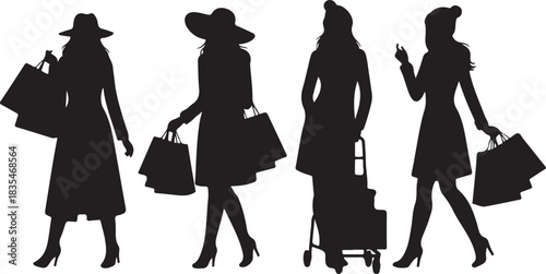  set of stylish women carrying shopping bags silhouette fashion