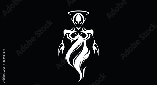 Abstract White Angelic Figure with Halo on Black Background.