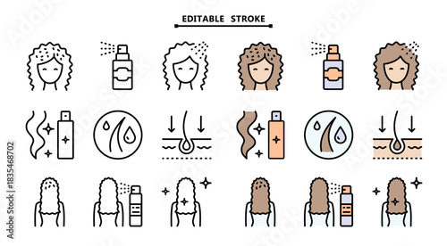 Curly Hair Care Products color icons set. Editable stroke. Curly Method. Hairstyle fixation spray, washing hair routine. Woman beauty salon. Shampoo, dry shampoo, dye conditioner. Head with health hai