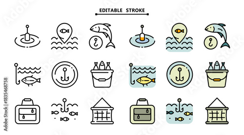 Various fishing related icons set. Editable stroke. Fishing Vector Color Icons. Catch seafood symbols. Vector Illustration. Isolated on White Background.
