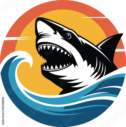 Angry shark silhouette against a vibrant ocean sunset circle