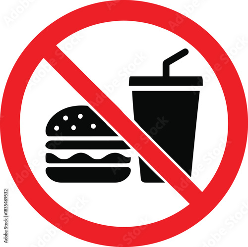 No Food or Drinks Allowed Sign, Red Circle Prohibition Symbol Vector Illustration
