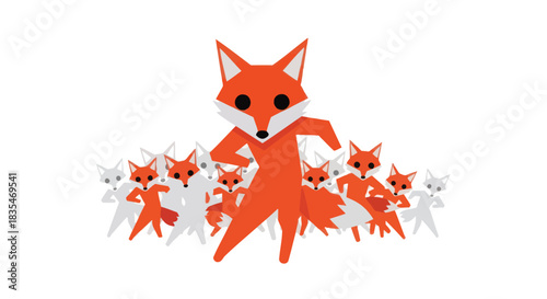 Cartoon fox leads pack of foxes, flat style