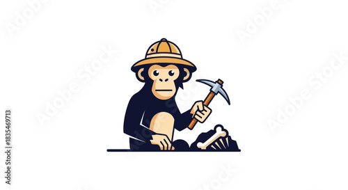 Cartoon monkey wearing pith helmet excavating with pickaxe finds a bone