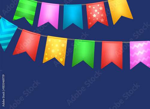 Colorful party bunting flags with various patterns hanging