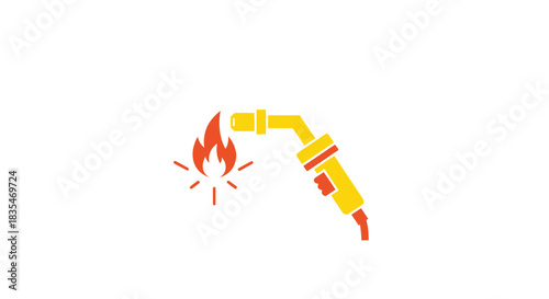Yellow welding gun emitting an orange flame