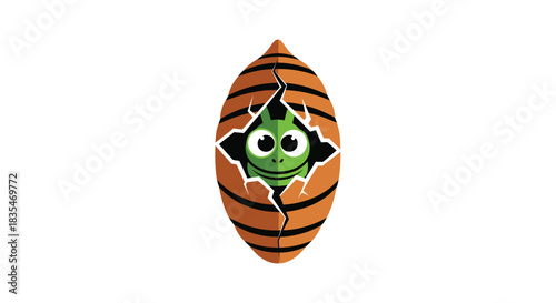 Green creature hatching from a striped, cracked egg