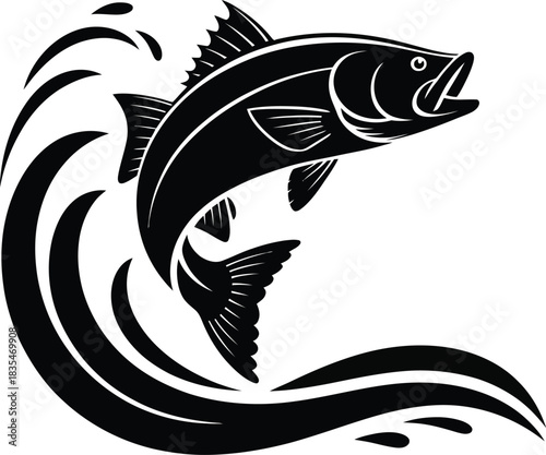 Black bass fish jumping over a wave silhouette