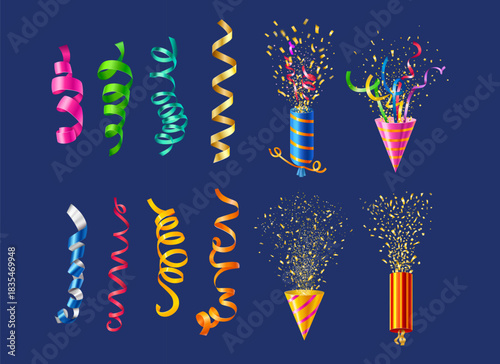 Colorful party poppers, ribbons, and exploding confetti set.