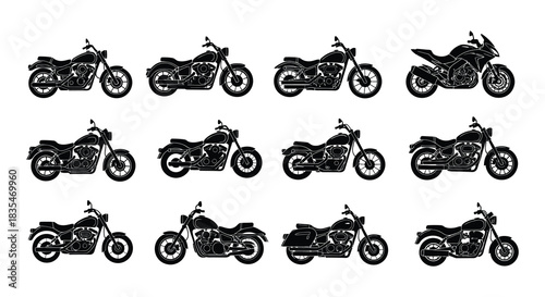 A collection of monochrome motorcycle and scooter silhouettes in a grid arrangement