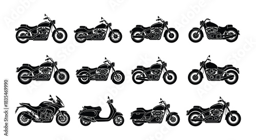 A collection of monochrome motorcycle and scooter silhouettes in a grid arrangement