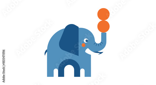 Cartoon illustration of a blue elephant balancing orange balls