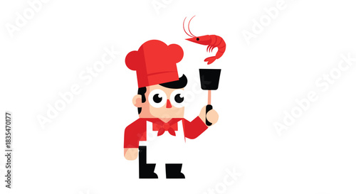 Cartoon chef holds a spatula, shrimp hovers